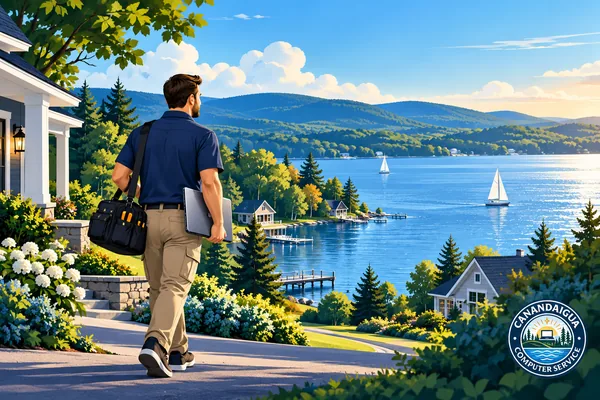 A technology technician visiting a lakeside neighborhood, with the CCS logo.