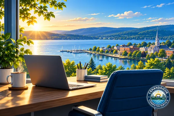 A welcoming workstation overlooking a lakeside community, with the CCS logo.