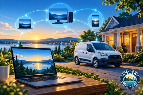 A laptop, service vehicle, and connected devices illustrating onsite, pickup, and remote support, with the CCS logo.