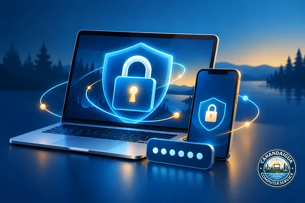 A laptop and phone protected by locks and a security shield, with the CCS logo.