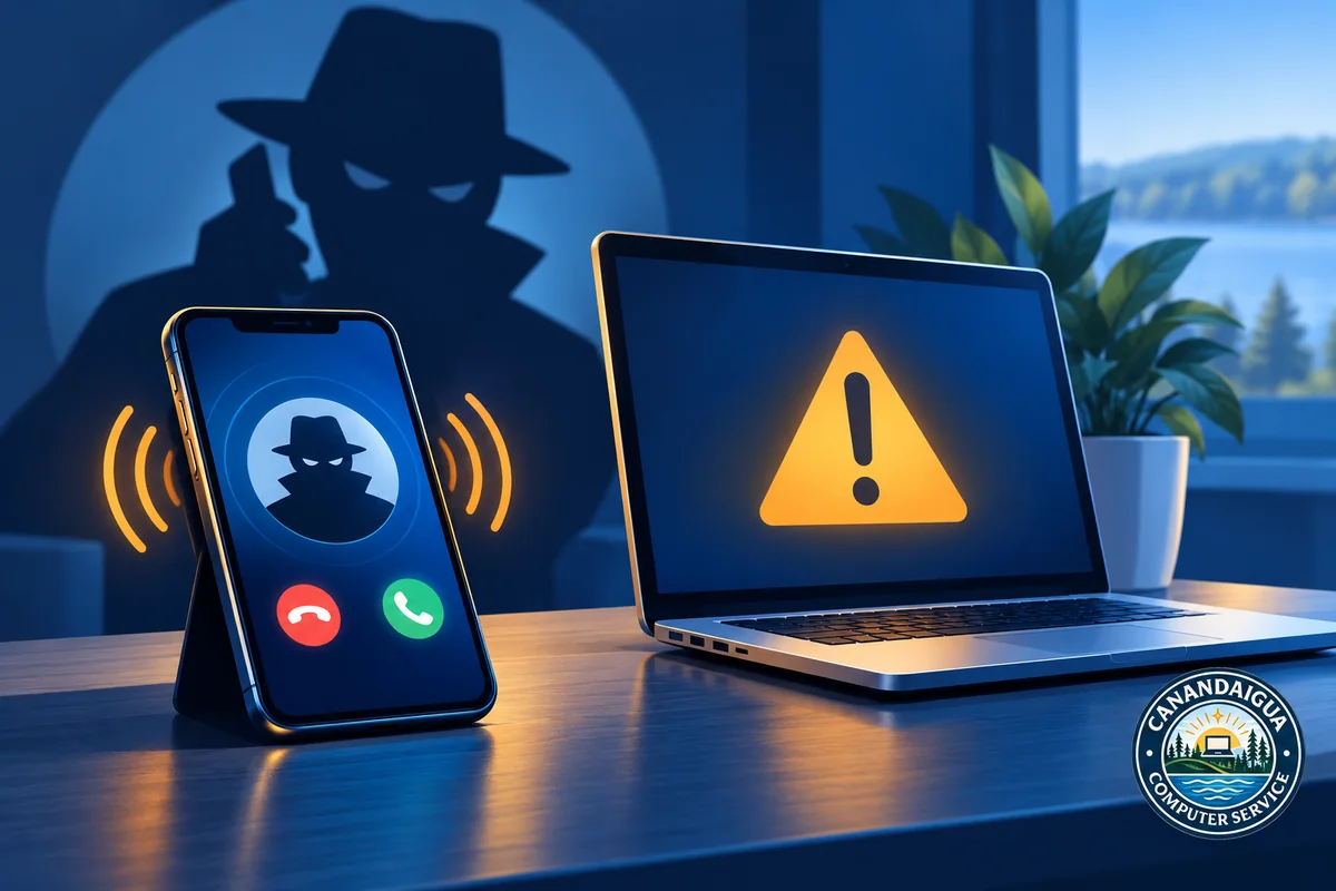 A suspicious caller and laptop warning illustrating phone and tech-support scams, with the CCS logo.