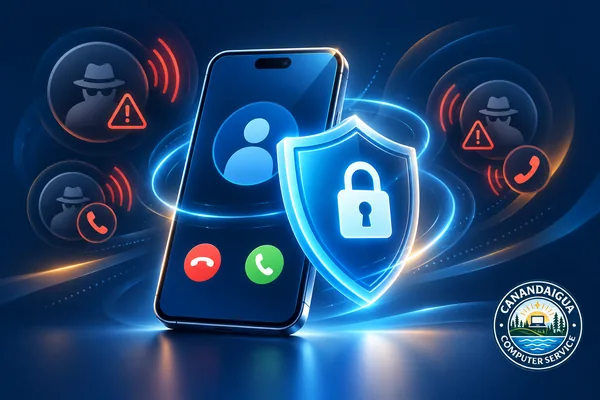 A protected phone surrounded by scam caller symbols and a security shield, with the CCS logo.