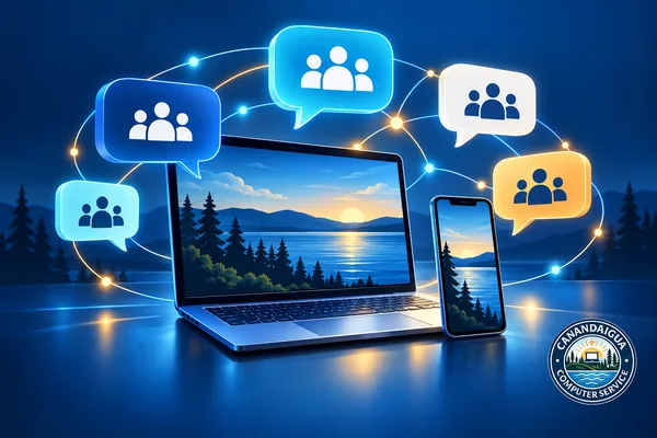 Connected community speech bubbles above a laptop and phone, with the CCS logo.