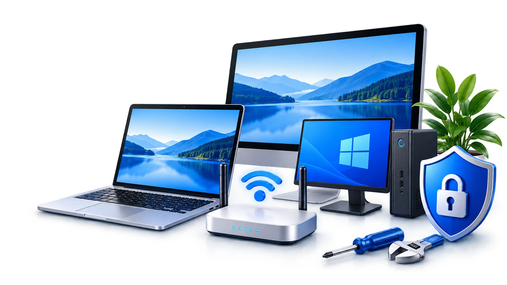 Laptop, Windows desktop computer, Wi-Fi router, and security shield beside a lake scene