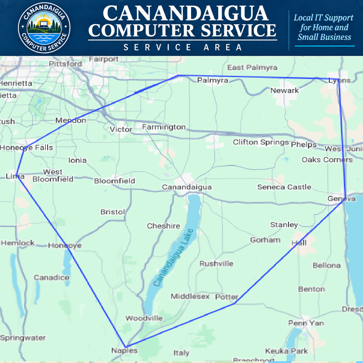CCS coverage map centered on Canandaigua, showing nearby communities from Honeoye Falls and Victor to Phelps, Geneva, and Naples